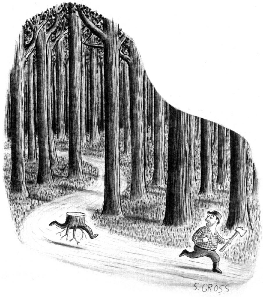 Cartoon by Sam Gross depicting a woodsman carrying an ax being chased by an animate tree stump.