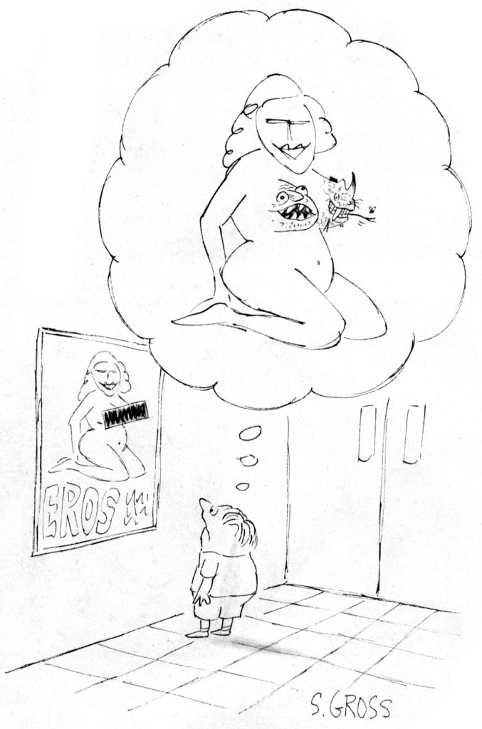 Cartoon by Sam Gross showing a young boy staring at a poster at an adult theater. The boy imagines that the black bar over the woman's breasts in the poster are concealing monster heads.