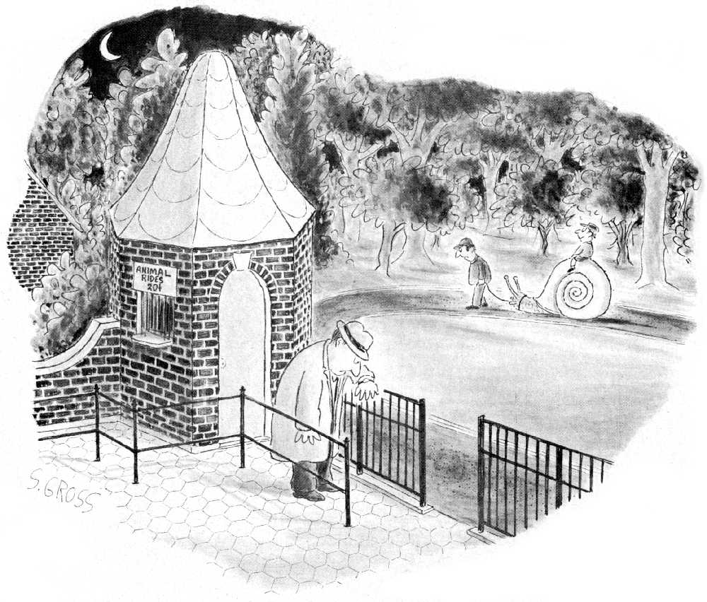 Cartoon by Sam Gross depicting an amusement park animal ride attraction late at night where a father is looking at his watch as his son is slowly making his way on the back of a giant snail.