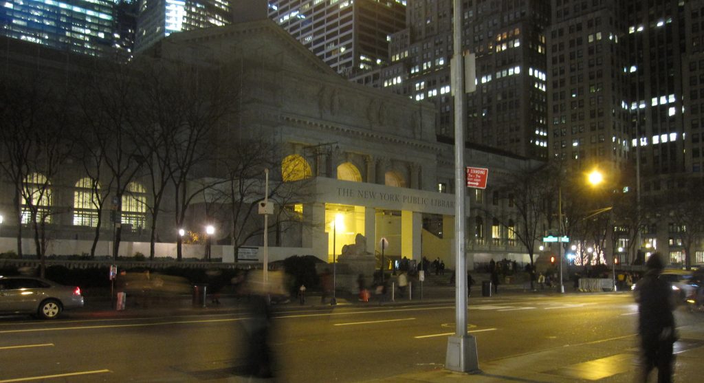Photo of the New York Public Library on the evening of December 4, 2010.