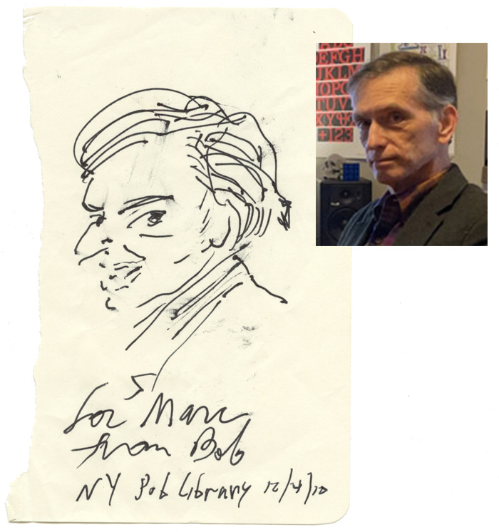 Caricature of Mark Simonson drawn by Robert Grossman and an inset photo of Mark for comparison.