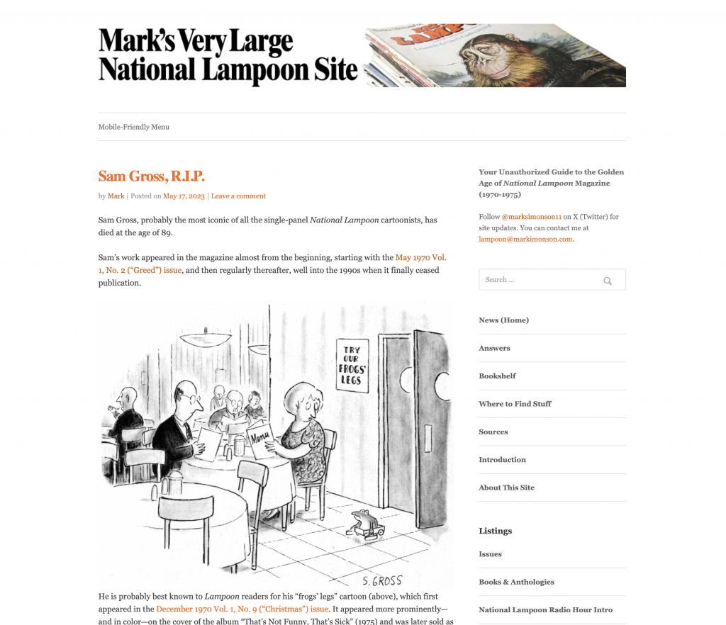 A screen capture of the way Mark's Very Large National Lampoon Site looked using a generic WordPress theme