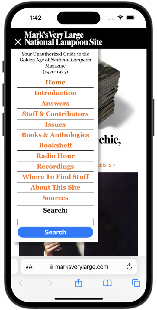 An image of an iPhone 15 displaying the mobile version of Mark's Very Large National Lampoon Site and its drop-down navigation menu.